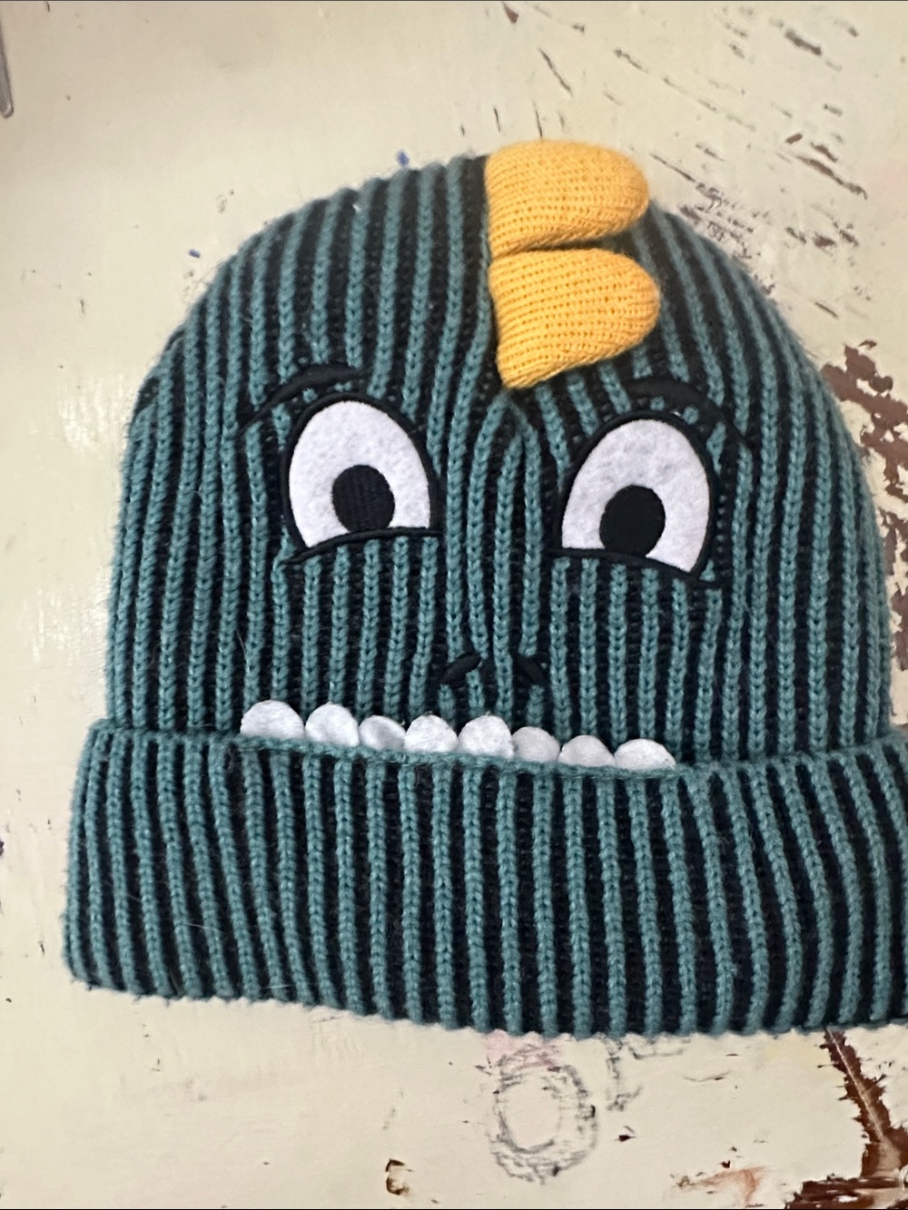 Kids Monster Ribbed Beanie Hat - Teal and Yellow O/S